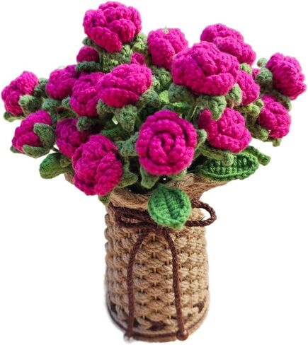 THREEBOY Crochet Red Roses Artificial Flowers Bouquet with Knitted Flower Vase Mothers Day Valentines Gifts Office Desk Decor in Saudi Arabia