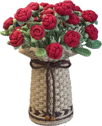 THREEBOY Crochet Red Roses Artificial Flowers Bouquet with Knitted Flower Vase Mothers Day Valentines Gifts Office Desk Decor in Saudi Arabia