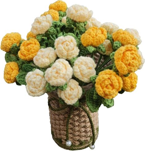 THREEBOY Crochet Red Roses Artificial Flowers Bouquet with Knitted Flower Vase Mothers Day Valentines Gifts Office Desk Decor in Saudi Arabia