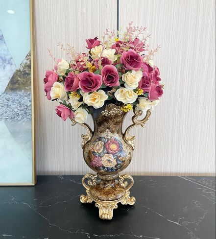 Large Golden Vase and Artificial Flower Set, European Vintage Resin Vase with Floral Arrangement for Various Party Venue Atmosphere, Restaurant, Bedroom, Office Decor in Saudi Arabia