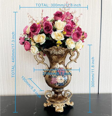 Large Golden Vase and Artificial Flower Set, European Vintage Resin Vase with Floral Arrangement for Various Party Venue Atmosphere, Restaurant, Bedroom, Office Decor in Saudi Arabia