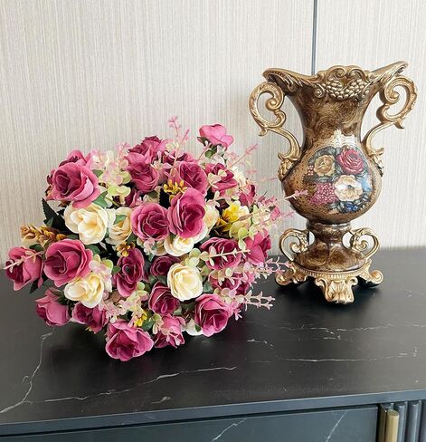 Large Golden Vase and Artificial Flower Set, European Vintage Resin Vase with Floral Arrangement for Various Party Venue Atmosphere, Restaurant, Bedroom, Office Decor in Saudi Arabia