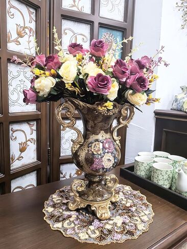 Large Golden Vase and Artificial Flower Set, European Vintage Resin Vase with Floral Arrangement for Various Party Venue Atmosphere, Restaurant, Bedroom, Office Decor in Saudi Arabia