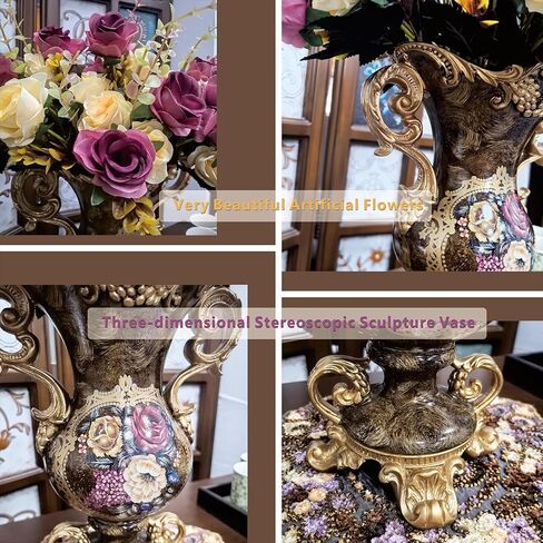 Large Golden Vase and Artificial Flower Set, European Vintage Resin Vase with Floral Arrangement for Various Party Venue Atmosphere, Restaurant, Bedroom, Office Decor in Saudi Arabia