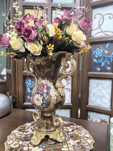 Large Golden Vase and Artificial Flower Set, European Vintage Resin Vase with Floral Arrangement for Various Party Venue Atmosphere, Restaurant, Bedroom, Office Decor in Saudi Arabia