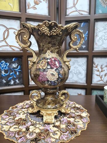 Large Golden Vase and Artificial Flower Set, European Vintage Resin Vase with Floral Arrangement for Various Party Venue Atmosphere, Restaurant, Bedroom, Office Decor in Saudi Arabia