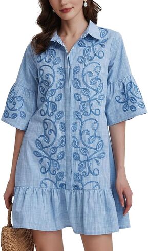 Kedera Women's Summer Button Down Shirt Embroidered Dress Ruffle Sleeve Shift Mini Dresses with Pockets in Saudi Arabia