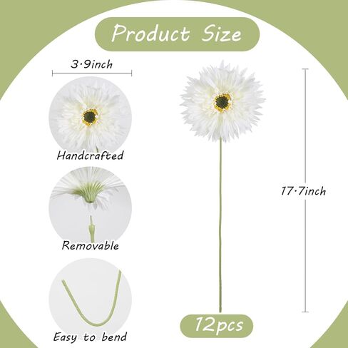 Fqueelvys 12pcs Gerbera Daisy Artificial Flowers 17.7’’ White Faux Daisies Silk Flowers with Stems for Wedding Bouquet Home Party Garden Outdoor Decoration(White) in Saudi Arabia