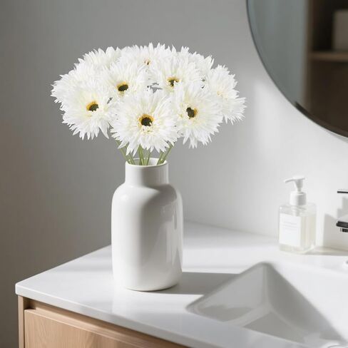 Fqueelvys 12pcs Gerbera Daisy Artificial Flowers 17.7’’ White Faux Daisies Silk Flowers with Stems for Wedding Bouquet Home Party Garden Outdoor Decoration(White) in Saudi Arabia