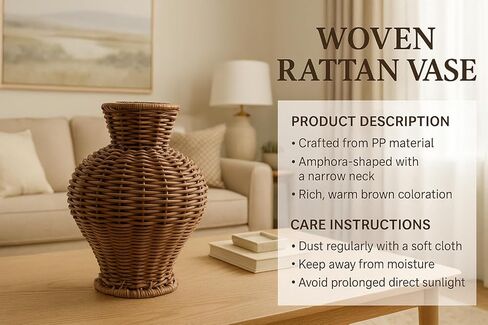 Handwoven PP Rattan Vase Basket – PP Wicker Decorative Vase for Dried Flowers | Rustic Boho Home Décor Accent | Handmade Water Hyacinth Style Woven Craft in Saudi Arabia