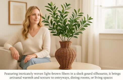 Handwoven PP Rattan Vase Basket – PP Wicker Decorative Vase for Dried Flowers | Rustic Boho Home Décor Accent | Handmade Water Hyacinth Style Woven Craft in Saudi Arabia