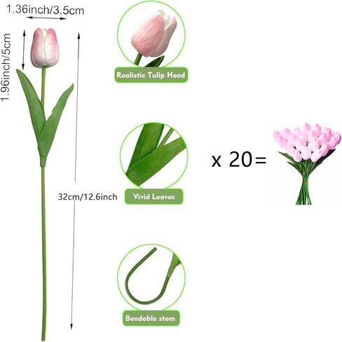 ABAJI 20PCS Tulip Artificial Flowers 12.6inch Real Touch for Wedding Decor Banquet Party Home Hotel Office Decoration Holiday Anniversary Celebration Faux Sterm in Saudi Arabia