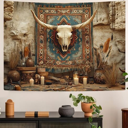 Richldeas 60x44inchs Desert Mural Tapestry Tribal Totem Bull Skull Wall Hanging Vintage Western Tapestries for Living Room Bedroom Dorm RITAYW065 in Saudi Arabia