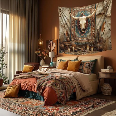 Richldeas 60x44inchs Desert Mural Tapestry Tribal Totem Bull Skull Wall Hanging Vintage Western Tapestries for Living Room Bedroom Dorm RITAYW065 in Saudi Arabia