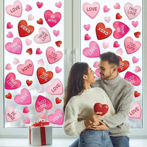 Whaline 9 ورقات لعيد الحب على شكل قلب نافذة ملصقات للمحادثة على شكل قلب أحمر وردي بألوان مائية قابلة لإعادة الاستخدام لتزيين النوافذ في الذكرى السنوية لحفلات الزفاف والمنزل والمكتب والفصول الدراسية in Kuwait