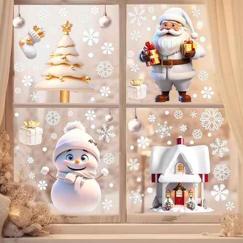 Christmas Window Stickers for Glass, Funny Santa Claus Reindeer Double Sided Window Decals Snowflakes Xmas Window Clings Reusable Static Windows Decoration for Xmas Winter Holiday Home Office Glass in Saudi Arabia