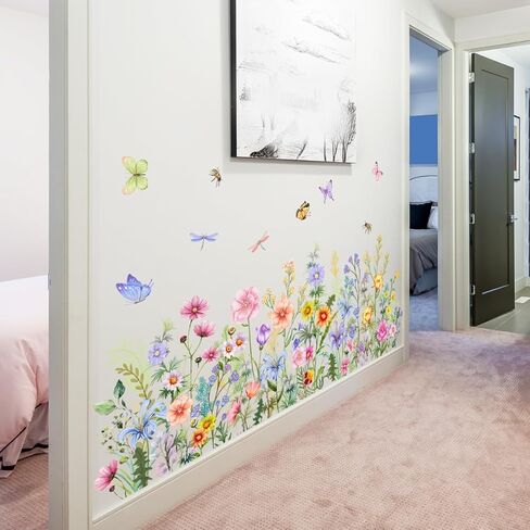 LOONELO Floral Wall Stickers, Wildflowers Grass Butterfly Wall Clings, DIY Spring Summer Natural Flower Greenery Wall Decals for Bedroom Living Room TV Office Home Decorations in Saudi Arabia