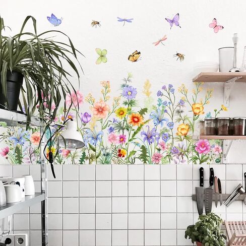LOONELO Floral Wall Stickers, Wildflowers Grass Butterfly Wall Clings, DIY Spring Summer Natural Flower Greenery Wall Decals for Bedroom Living Room TV Office Home Decorations in Saudi Arabia