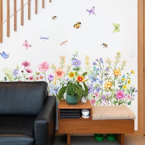 LOONELO Floral Wall Stickers, Wildflowers Grass Butterfly Wall Clings, DIY Spring Summer Natural Flower Greenery Wall Decals for Bedroom Living Room TV Office Home Decorations in Saudi Arabia