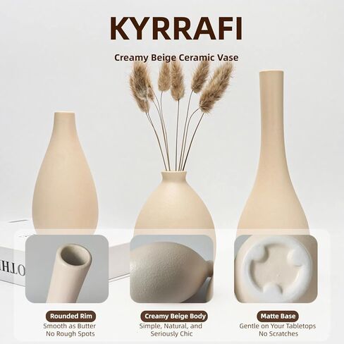 Ceramic Vase Set 3-Piece - Bohemian Farmhouse Style Decorative Vases for Pampas Grass,Beige Vases for Home Decor, Living Room, Kitchen, Bedroom, Entryway & Mantel in Saudi Arabia
