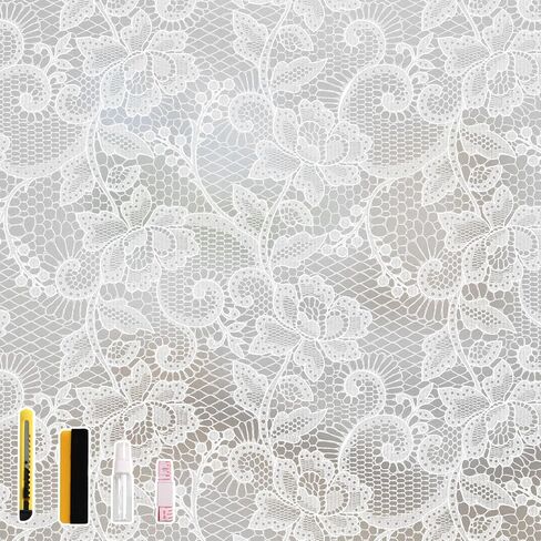 NINETREX Frosted Window Privacy Film, White Lace Stained Glass Window Film, Static Cling Removable Privacy Decal, Sun Blocking Decorative Tint with Effect for Home, Doors and Office, 17.5 x 78.7 inch in Saudi Arabia