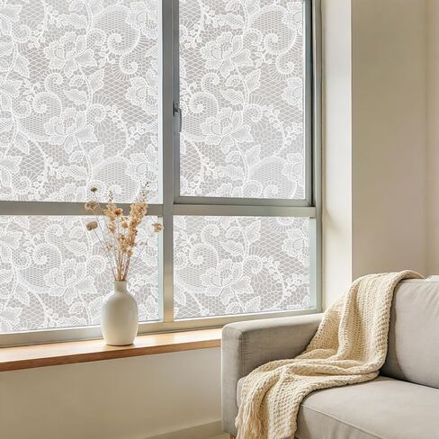 NINETREX Frosted Window Privacy Film, White Lace Stained Glass Window Film, Static Cling Removable Privacy Decal, Sun Blocking Decorative Tint with Effect for Home, Doors and Office, 17.5 x 78.7 inch in Saudi Arabia