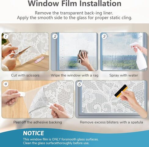 NINETREX Frosted Window Privacy Film, White Lace Stained Glass Window Film, Static Cling Removable Privacy Decal, Sun Blocking Decorative Tint with Effect for Home, Doors and Office, 17.5 x 78.7 inch in Saudi Arabia