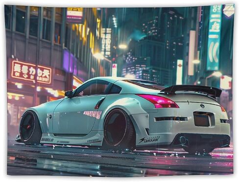 CLiqr White Nissan 350Z طقم هيكل عريض للمدينة، منظر طبيعي، نسيج جداري معلق، ديكور جمالي لغرفة النوم، غرفة المعيشة، مفروشات فنية جدارية 30 بوصة × 40 بوصة in Kuwait