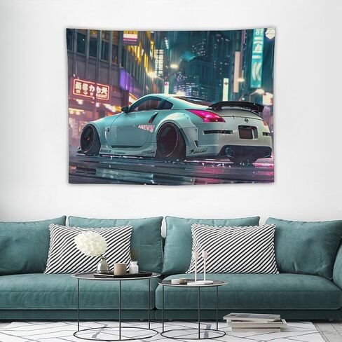 CLiqr White Nissan 350Z طقم هيكل عريض للمدينة، منظر طبيعي، نسيج جداري معلق، ديكور جمالي لغرفة النوم، غرفة المعيشة، مفروشات فنية جدارية 30 بوصة × 40 بوصة in Kuwait