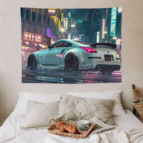 CLiqr White Nissan 350Z طقم هيكل عريض للمدينة، منظر طبيعي، نسيج جداري معلق، ديكور جمالي لغرفة النوم، غرفة المعيشة، مفروشات فنية جدارية 30 بوصة × 40 بوصة in Kuwait