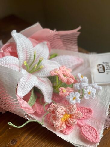 ANNE'S GIVERNY White Pink Lily Crochet Flowers Bouquet, Fully Wrapped| Luxury Floral Decor |Gift for Birthdays & Holidays, Anniversary,Handmade Gift for Girlfriend, Wife in Saudi Arabia