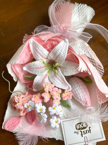ANNE'S GIVERNY White Pink Lily Crochet Flowers Bouquet, Fully Wrapped| Luxury Floral Decor |Gift for Birthdays & Holidays, Anniversary,Handmade Gift for Girlfriend, Wife in Saudi Arabia