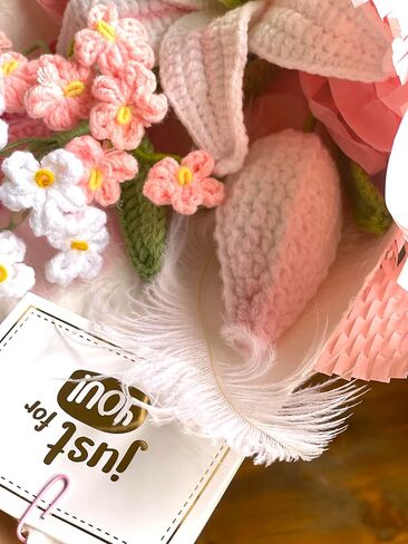 ANNE'S GIVERNY White Pink Lily Crochet Flowers Bouquet, Fully Wrapped| Luxury Floral Decor |Gift for Birthdays & Holidays, Anniversary,Handmade Gift for Girlfriend, Wife in Saudi Arabia