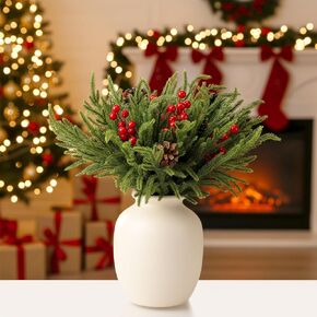 Giegxin 20 Pcs Christmas Artificial Pine Branches with Red Stems Berry 17.8 Inch Faux Green Norfolk Pine Cypress Leaves and Red Berries Stems for Xmas DIY Craft Home Table Decorations in Saudi Arabia