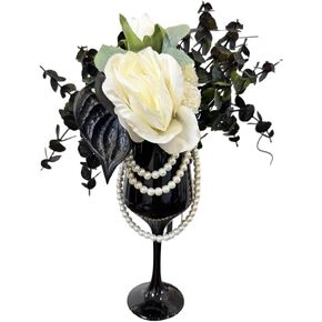 Luxurious Fragrant Artificial Flowers with Decorative Glass Vase & Pearl Accents – Premium Faux White Roses & Black Calla Lilies, Elegant Home & Office Decor, (Black Elegance) in Saudi Arabia