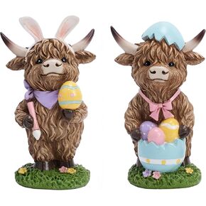 Valery Madelyn Easter Highland Cow Bunny Figurines Decor, Medium 2Pcs Resin Easter Statues with Eggs, for Home Tabletop Tiered Tray Decor, Spring Holiday Party Centerpieces in Saudi Arabia