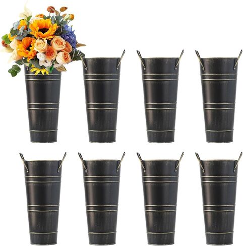 Merkaunis 8 Pcs Black Galvanized Metal Vases, 9 Inch Vintage Galvanized Flower Bucket, Farmhouse French Bucket Planter Metal Floral Container for Decor Wedding Table Centerpiece in Saudi Arabia