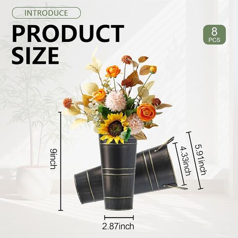 Merkaunis 8 Pcs Black Galvanized Metal Vases, 9 Inch Vintage Galvanized Flower Bucket, Farmhouse French Bucket Planter Metal Floral Container for Decor Wedding Table Centerpiece in Saudi Arabia