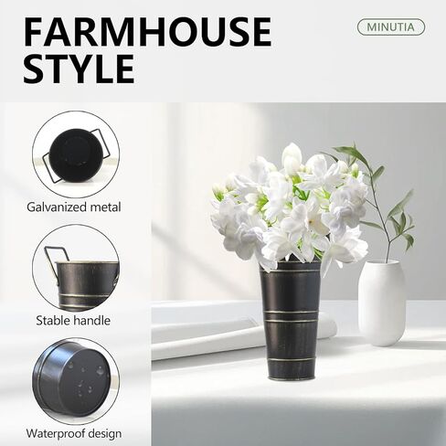 Merkaunis 8 Pcs Black Galvanized Metal Vases, 9 Inch Vintage Galvanized Flower Bucket, Farmhouse French Bucket Planter Metal Floral Container for Decor Wedding Table Centerpiece in Saudi Arabia