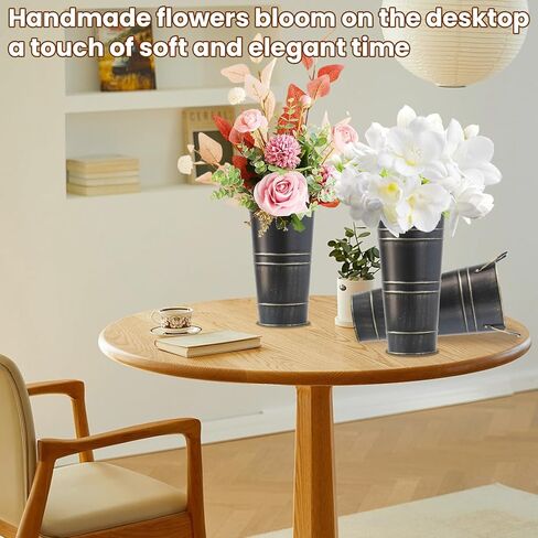 Merkaunis 8 Pcs Black Galvanized Metal Vases, 9 Inch Vintage Galvanized Flower Bucket, Farmhouse French Bucket Planter Metal Floral Container for Decor Wedding Table Centerpiece in Saudi Arabia