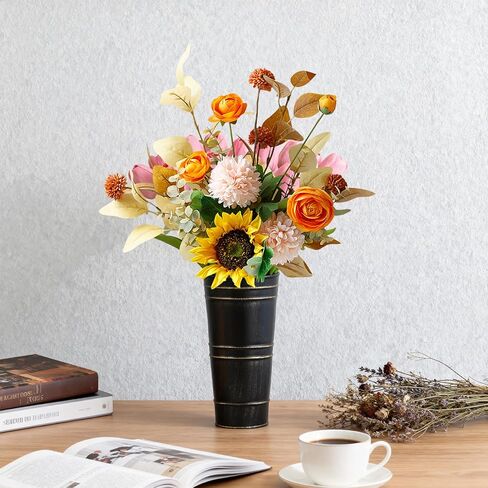 Merkaunis 8 Pcs Black Galvanized Metal Vases, 9 Inch Vintage Galvanized Flower Bucket, Farmhouse French Bucket Planter Metal Floral Container for Decor Wedding Table Centerpiece in Saudi Arabia