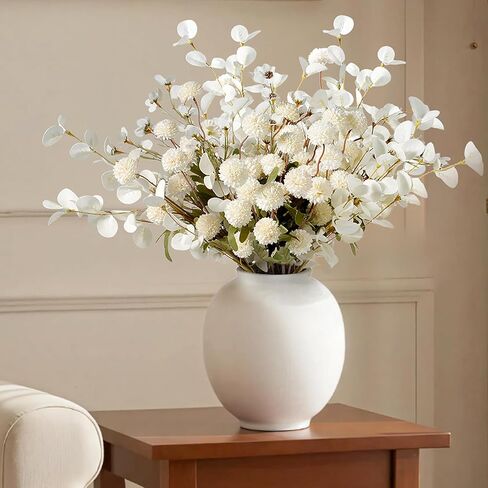 Real-Touch Faux Silk Mums Bouquet, 12 Pcs with 2 Eucalyptus Stems, Bendable Long Stems, Full & Realistic Artificial Flower Arrangement for Vase, Table, Wedding & Wreath Décor, Beige (No Vase) in Saudi Arabia