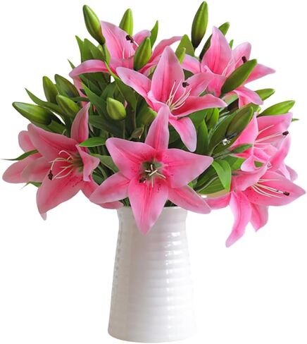 TONGMAN 6 Bundles Artificial Tiger Lily Flowers White Touch Lilies Flower Bouquet Faux Floral Table Centerpieces Arrangement for Wedding Home Party Garden Office Decor (White) in Kuwait