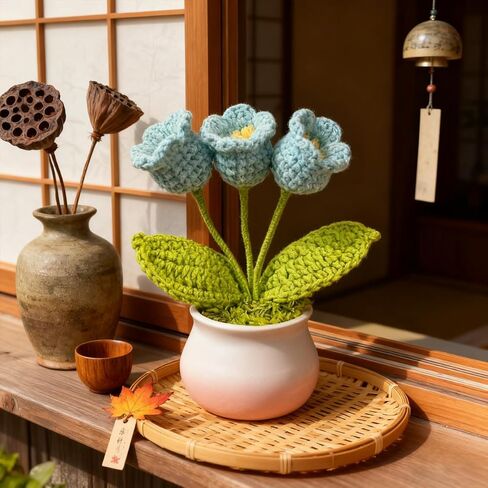 Sky Blue Lily of The Valley in Pot | Whispering Bells of Fantasy, Artisan Crocheted Floral Accent in Saudi Arabia