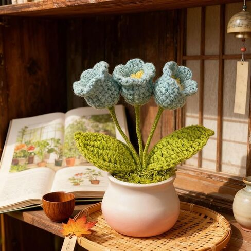 Sky Blue Lily of The Valley in Pot | Whispering Bells of Fantasy, Artisan Crocheted Floral Accent in Saudi Arabia