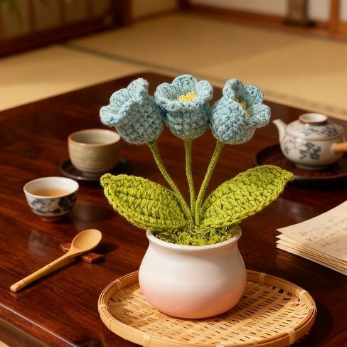 Sky Blue Lily of The Valley in Pot | Whispering Bells of Fantasy, Artisan Crocheted Floral Accent in Saudi Arabia