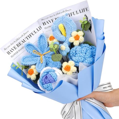 Kogyxe Crochet Flowers Bouquet, Handmade Crochet Flowers Knitted Bouquet, Tulips Flower Bouquet and Calla Lily for Birthday, Gifts for Women, Valentines (Blue) in Saudi Arabia