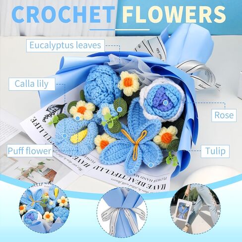 Kogyxe Crochet Flowers Bouquet, Handmade Crochet Flowers Knitted Bouquet, Tulips Flower Bouquet and Calla Lily for Birthday, Gifts for Women, Valentines (Blue) in Saudi Arabia