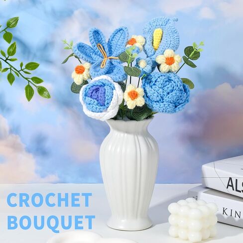 Kogyxe Crochet Flowers Bouquet, Handmade Crochet Flowers Knitted Bouquet, Tulips Flower Bouquet and Calla Lily for Birthday, Gifts for Women, Valentines (Blue) in Saudi Arabia