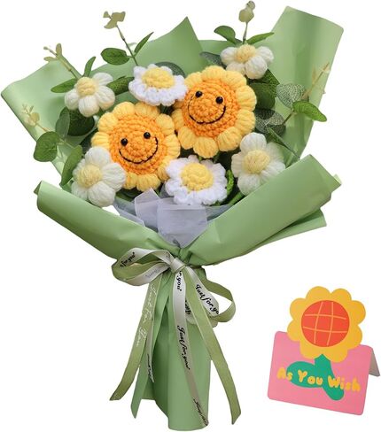 Crochet Flower Bouquet Handmade Knitted Sunflower Artificial Bouquet Positive Crocheted Sunflowers Bouquet with Exquisite Wrap for Valentine Mother's Day Graduation Anniversary (Yellow) in Saudi Arabia